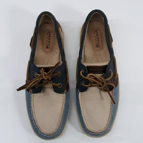 Sperry Top-Sider Shoes Womens 6.5M‎ Tan & Blue Leather Deck Loafers Preppy - Picture 3 of 9